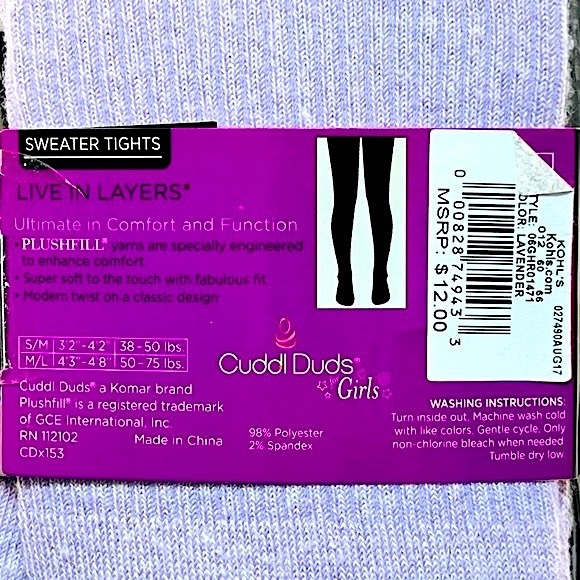 NWT Cuddl Duds Young Girls Lavender Purple Ribbed Sweater Tights, Small/Medium - Picture 4 of 12